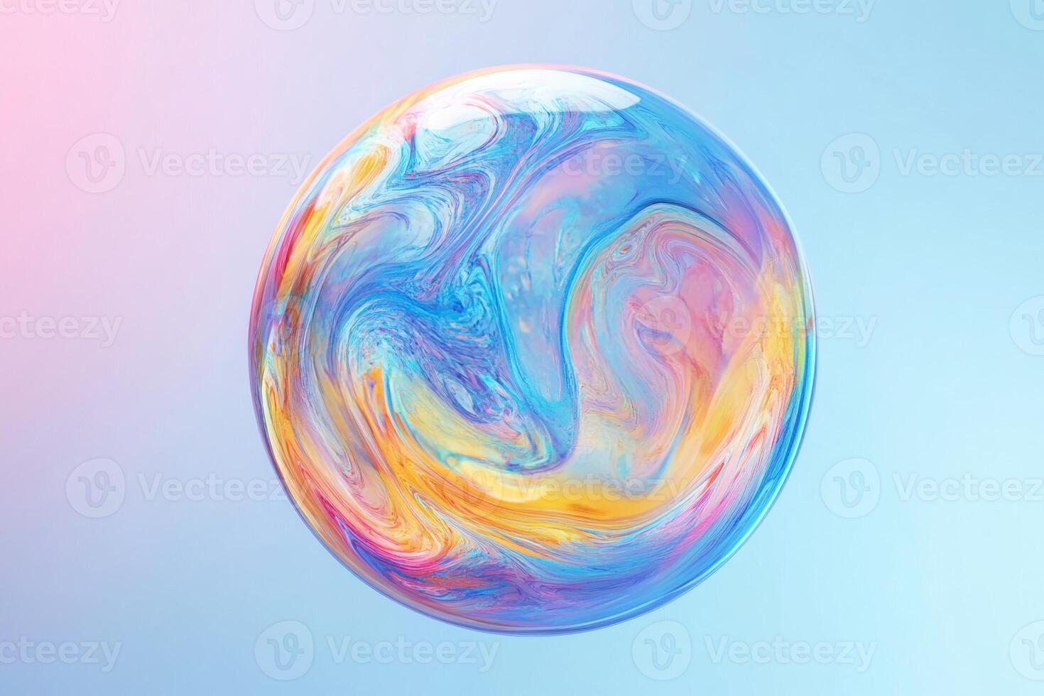 Colorful soap bubble floating in mid air with swirling pastel colors photo