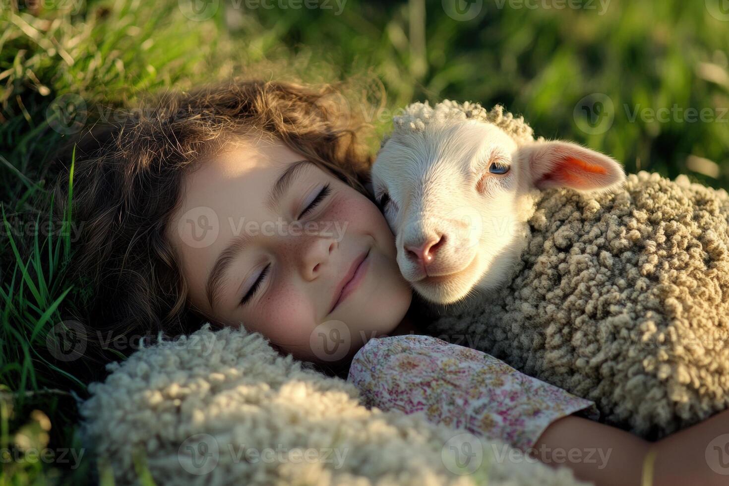 Little girl sleeping with lamb in green meadow, spring awakening of love and nature photo
