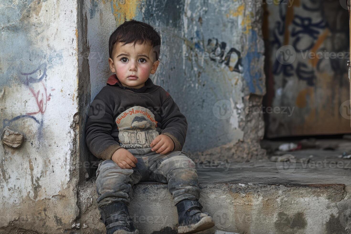 Sad child sitting on a damaged building step in a poor neighborhood photo