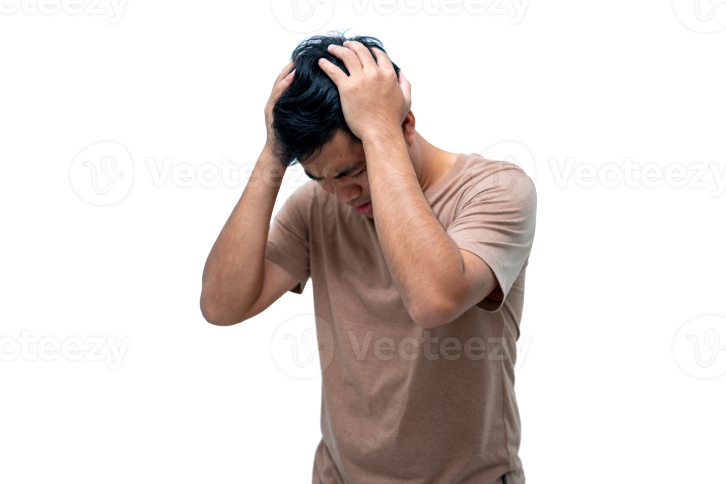 A man in a brown shirt puts his hand on his head because of a headache. Transparent background . png