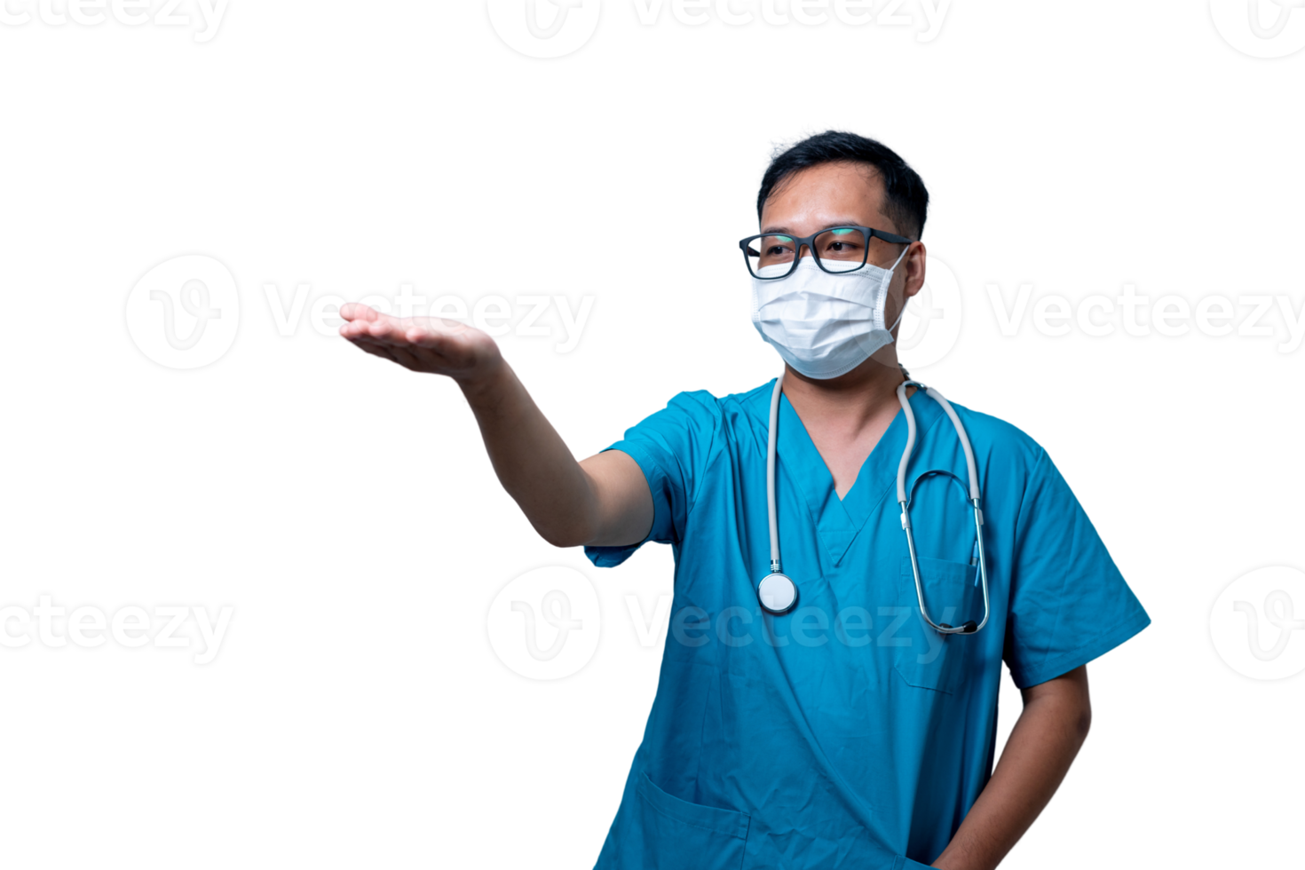 A doctor in a blue scrubs shirt is holding his hand up in the air. transparent background png