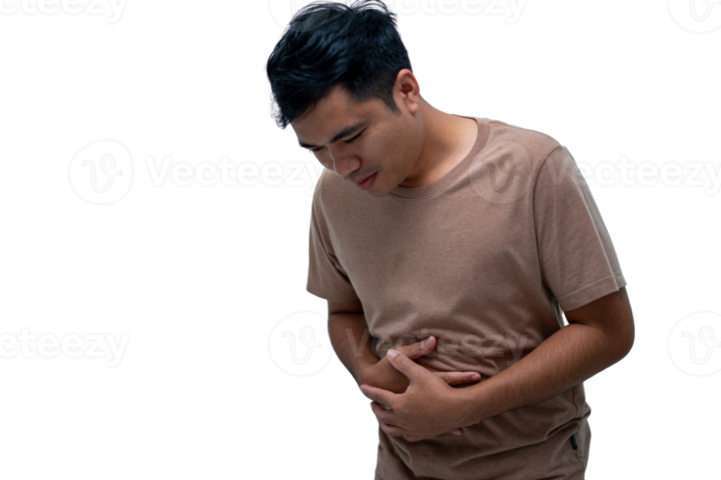 A man with a stomachache is wearing a brown shirt. transparent background png
