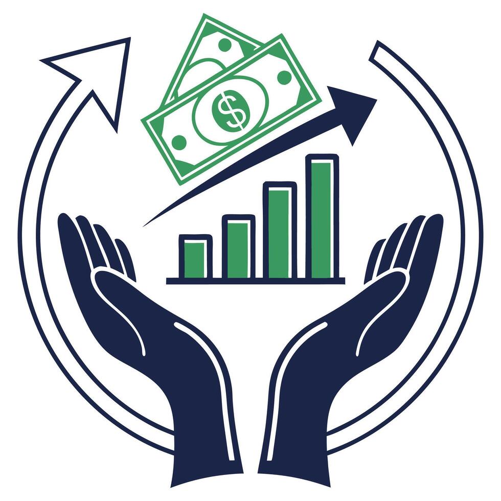 Hands holding up a dollar sign and a graph vector