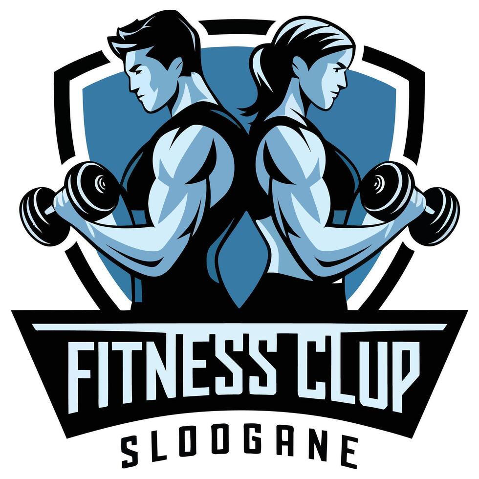 Fitness club logo with two people holding dumbbells vector