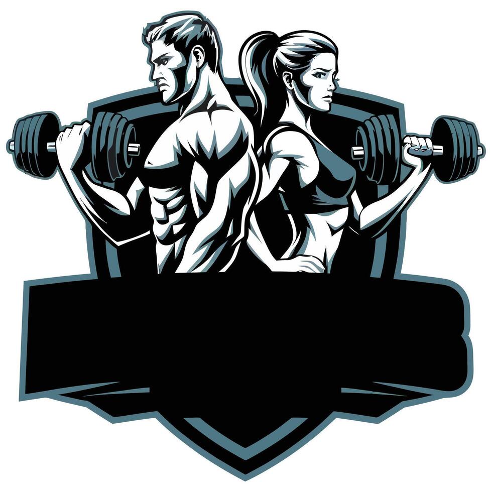 A man and woman holding dumbbells in front of a shield vector
