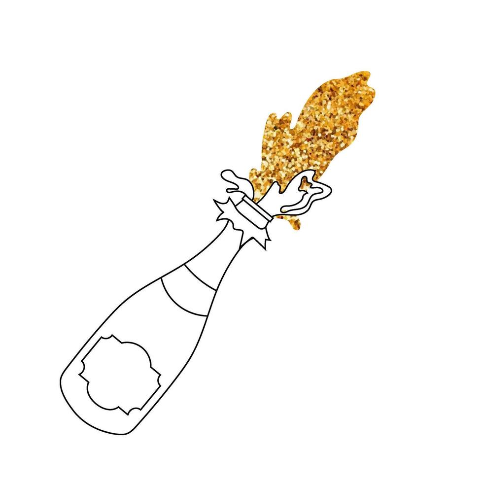 Linear icon of a champagne bottle. Splashes explosion of sparkling wine. Gold glitter. Doodle alcoholic beverage sign. For Happy Birthday, Christmas and New Year greetings. vector
