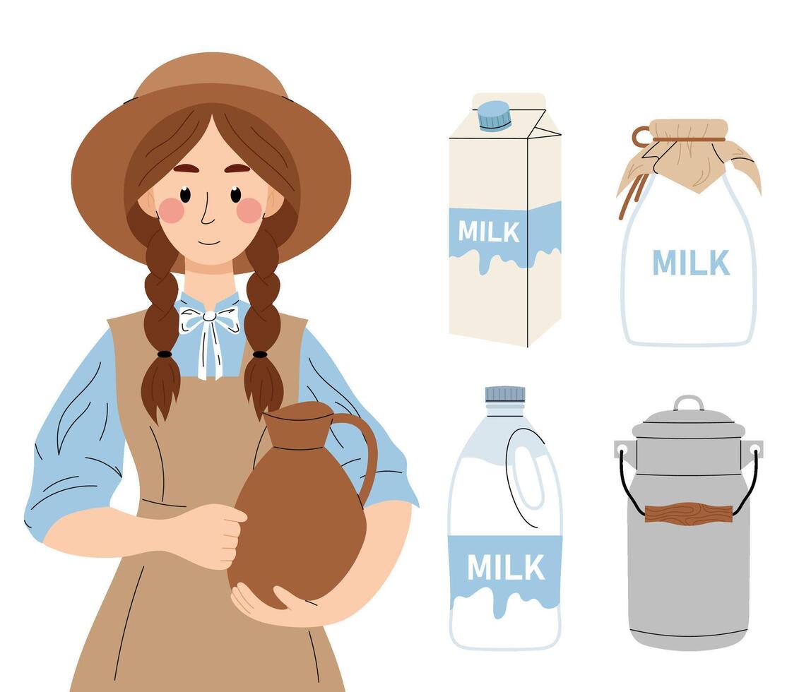 Milkmaid. Girl with clay pot. Milk in glass bottle, cardboard box, metal bidon and plastic bottle. Set of flat illustration on white background. vector