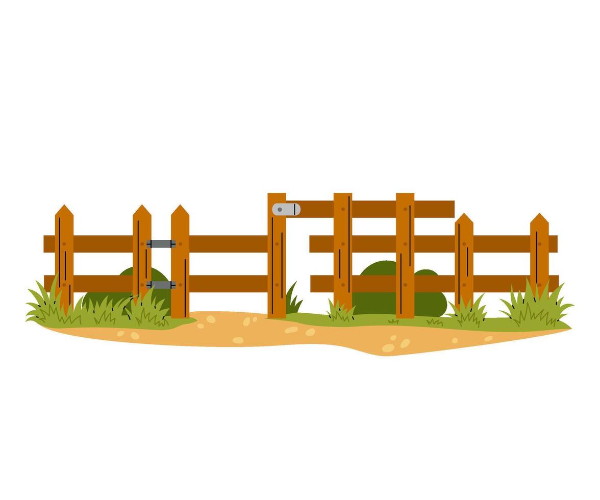 Wooden farm fence or entrance with grass and bushes. Garden barrier and door with wooden parallel boards. Flat illustration. vector