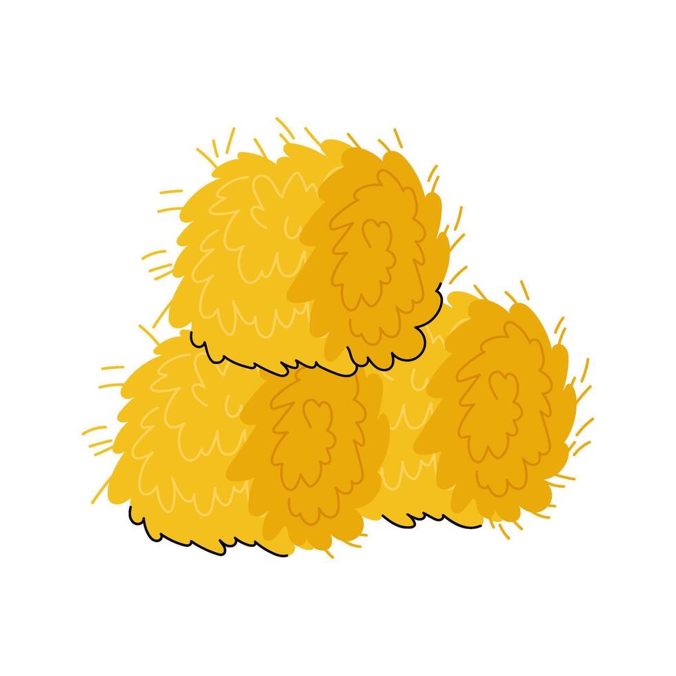 Set of round hay bales. Hay for feeding farm animals, large cattle. Harvesting the fields. Flat illustration on white background. vector