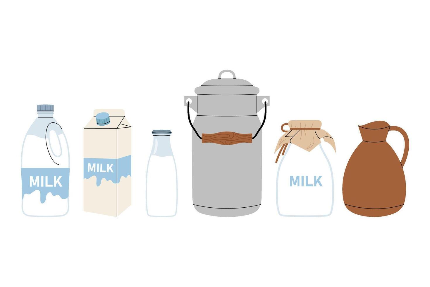 Different packs of dairy product. Set with milk bottle, plastic canister, clay jug, metal bidon and cardboard box. Flat illustration on white background. vector