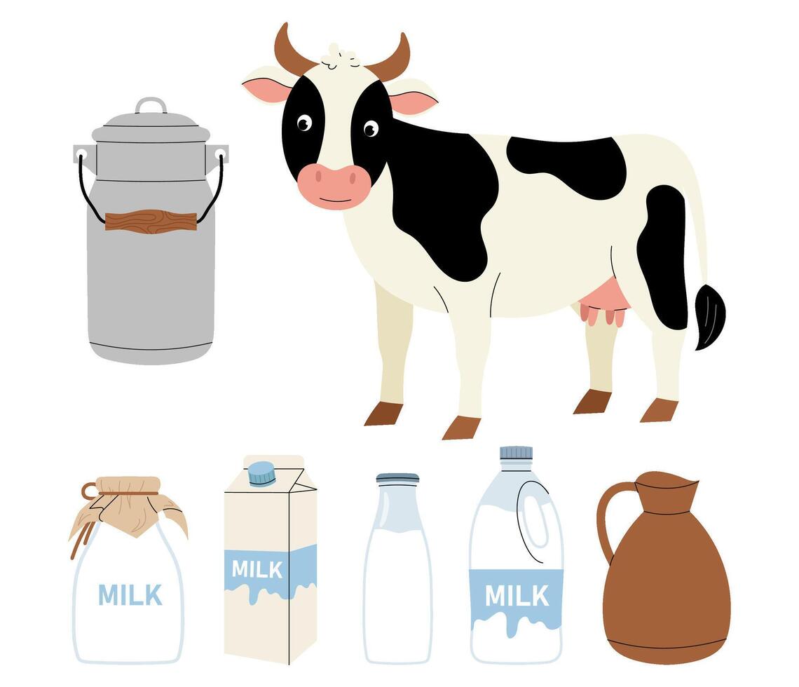 Cute pet cow. Milk in glass bottle, cardboard box, metal bidon and plastic bottle. Set of flat illustration on white background. vector
