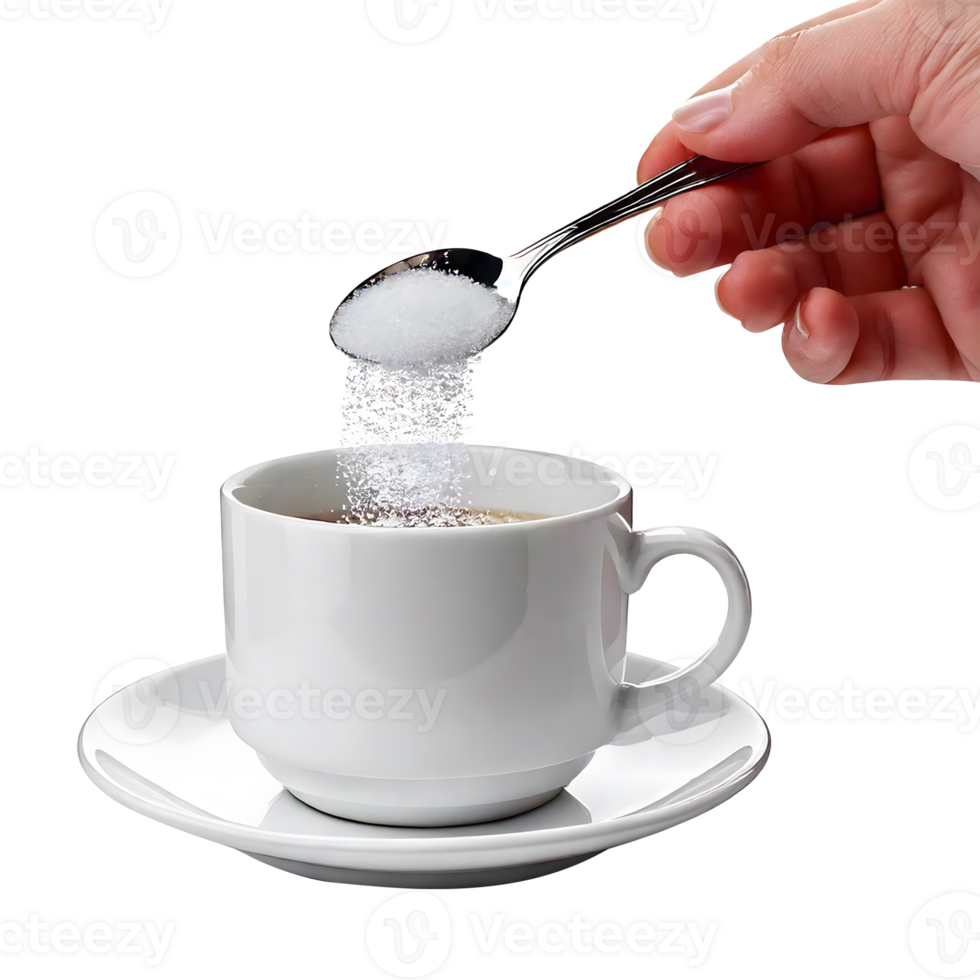 cup of coffee with a spoon. a cup of coffee with sugar being poured into it. png