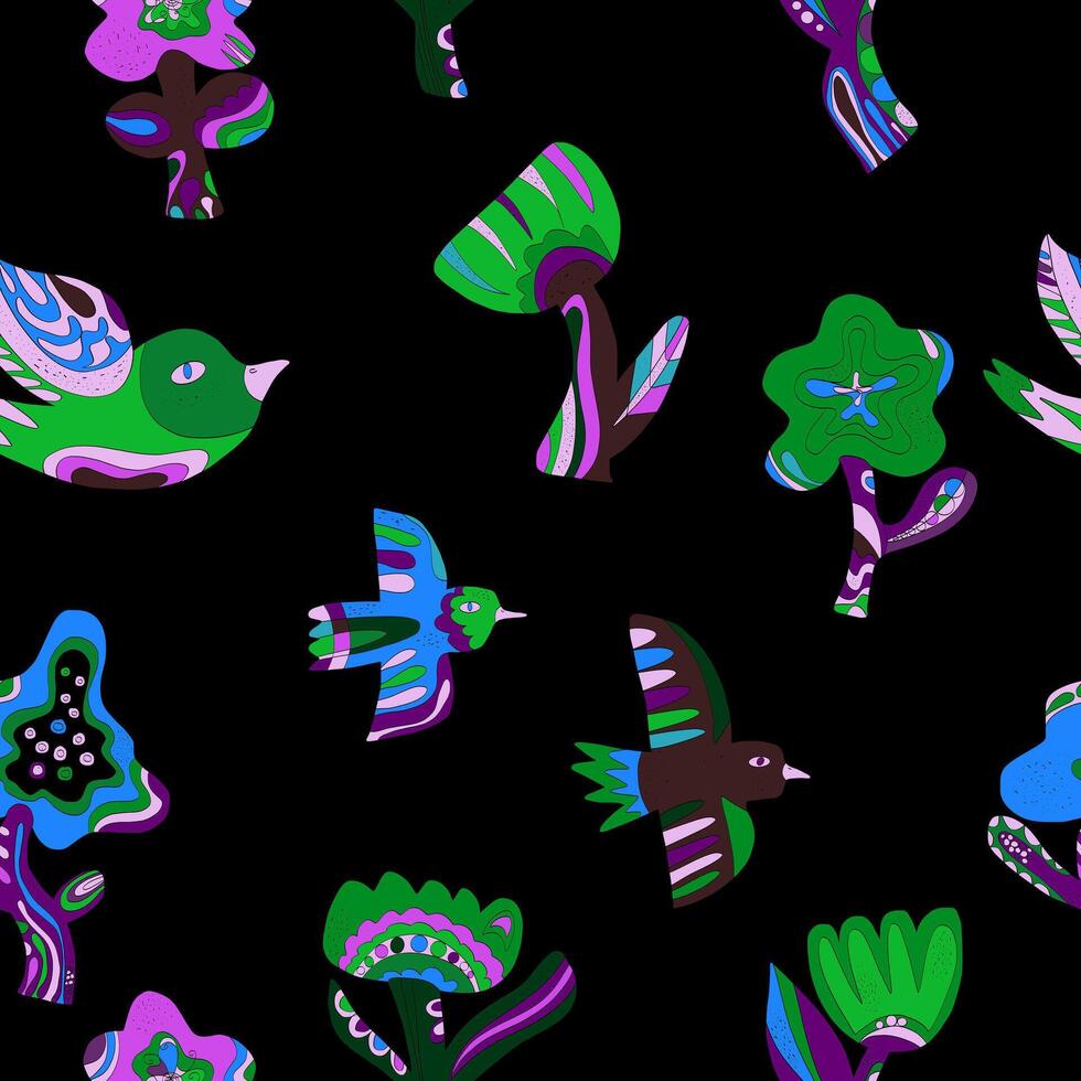 a pattern of birds and flowers on a black background vector