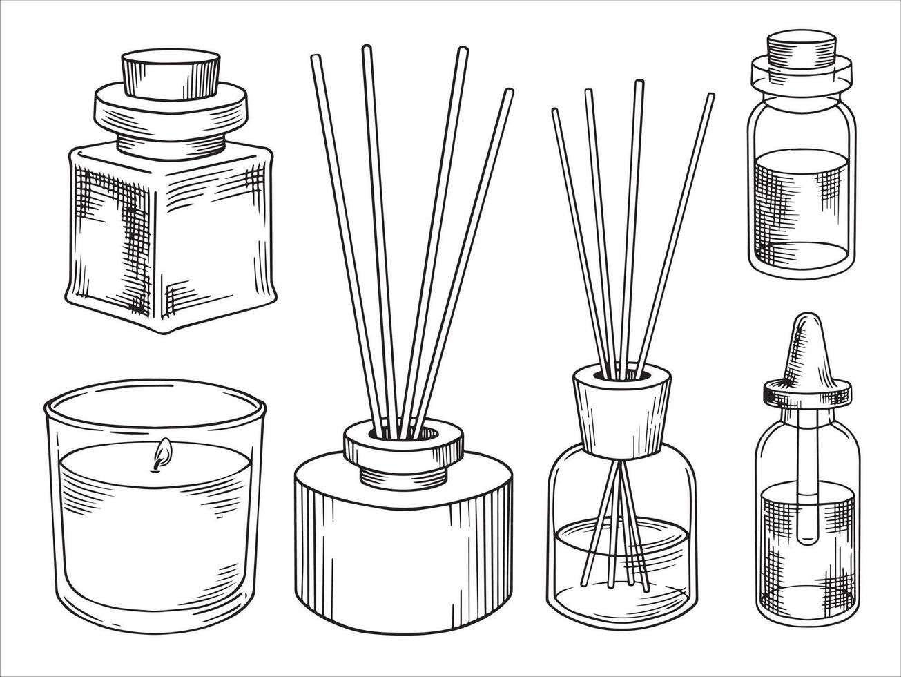 a set of jars with aromatic oil and diffusers with sticks. illustration in sketch style. vector