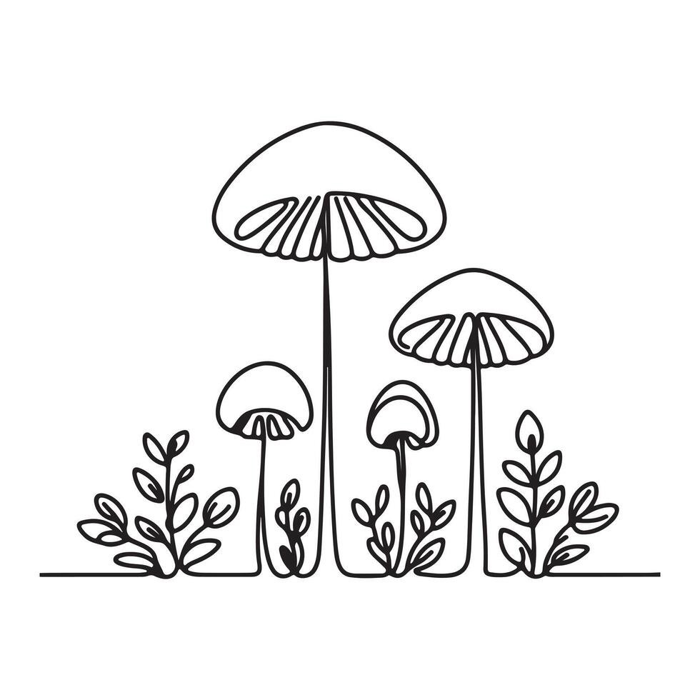 singele one line mushrooms silhouette white background vector