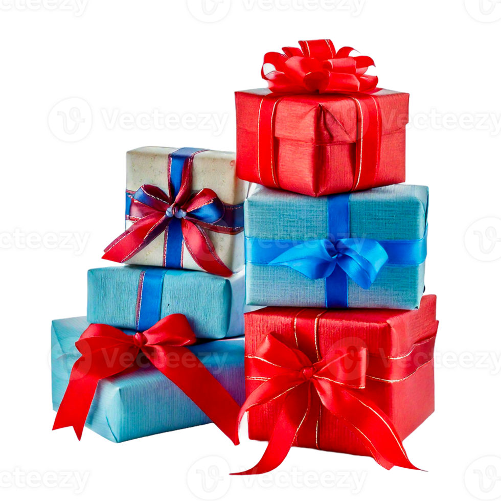 a stack of gift boxes with a red ribbon on it png