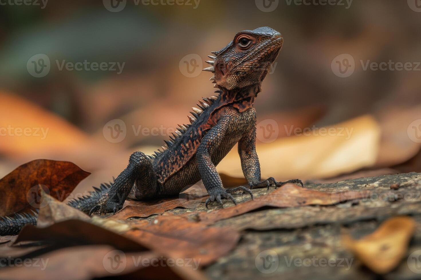 Boyd's forest dragon posing on fallen leaves in australian rainforest photo