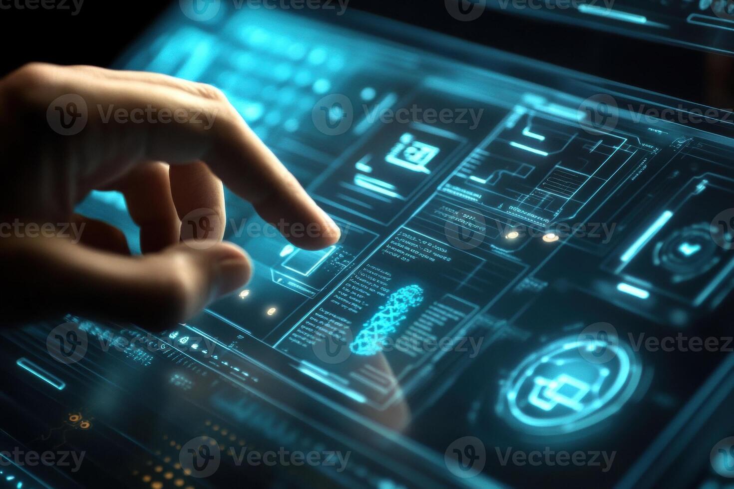 Scientist using futuristic touchscreen interface with dna analysis and data photo