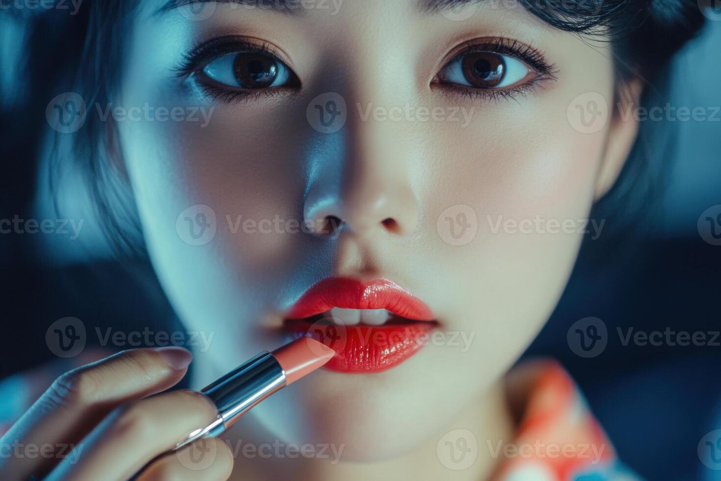 Asian woman applying red lipstick in close up beauty shot photo