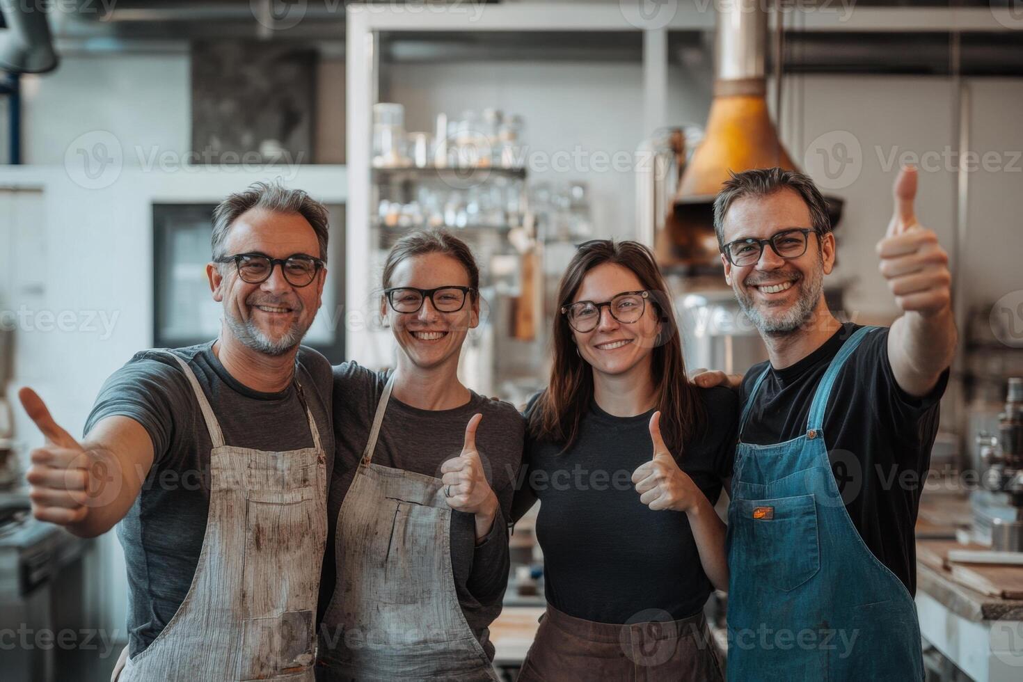 Glassblowers smiling and showing thumbs up in workshop photo