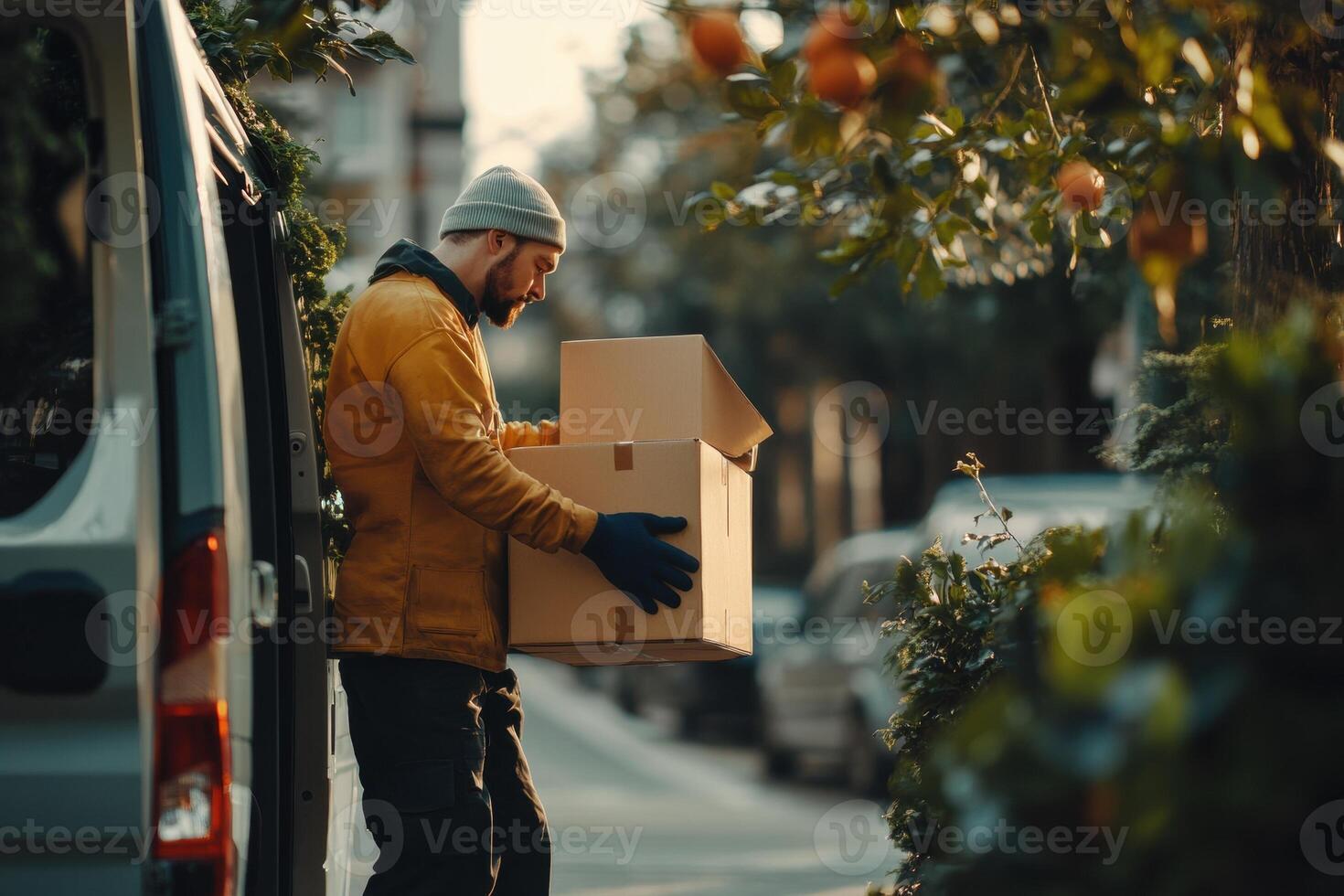 Delivery man unloading cardboard boxes from a van in residential area photo