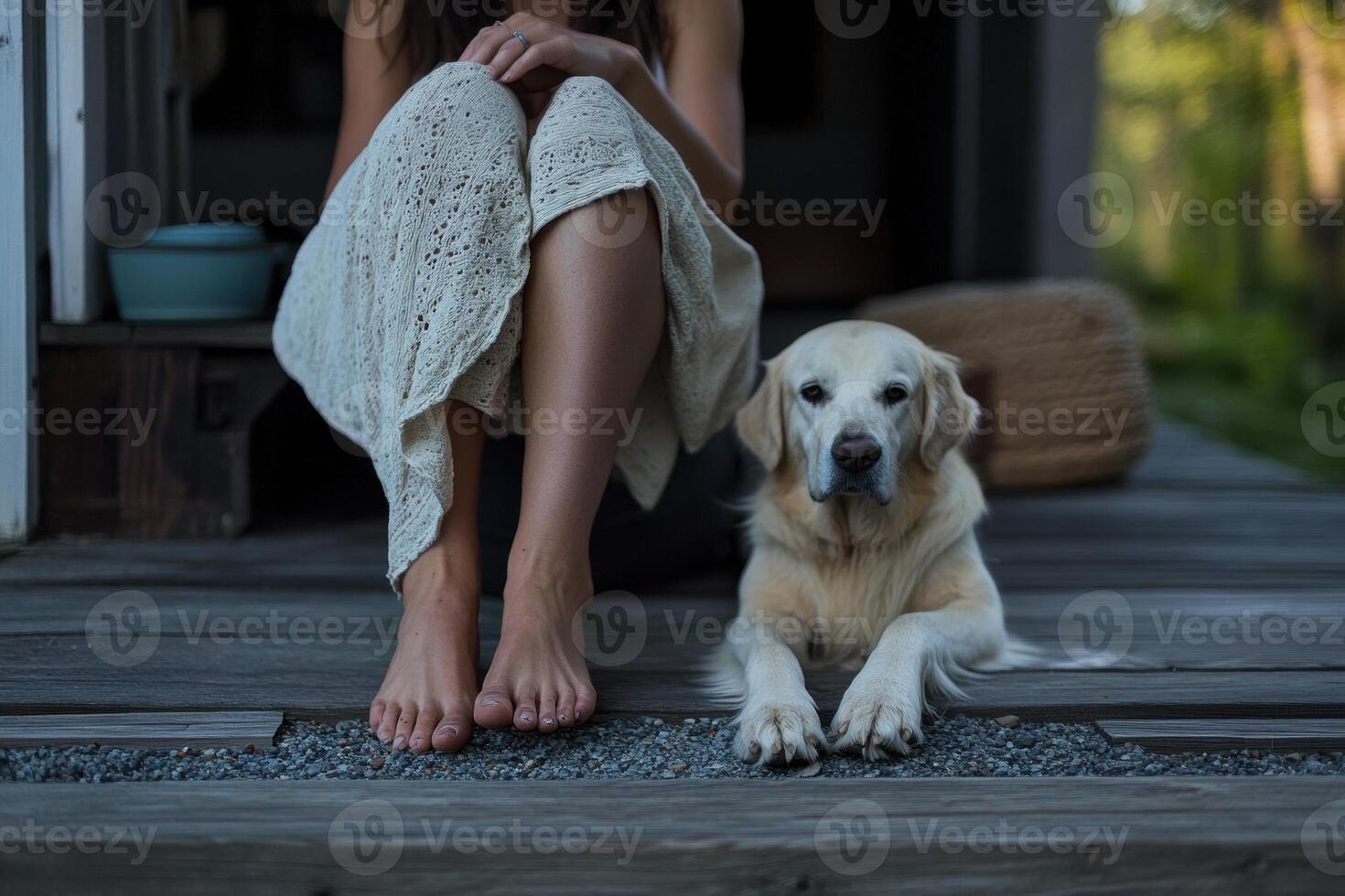 Woman relaxing with dog on wooden porch enjoying peaceful moment photo