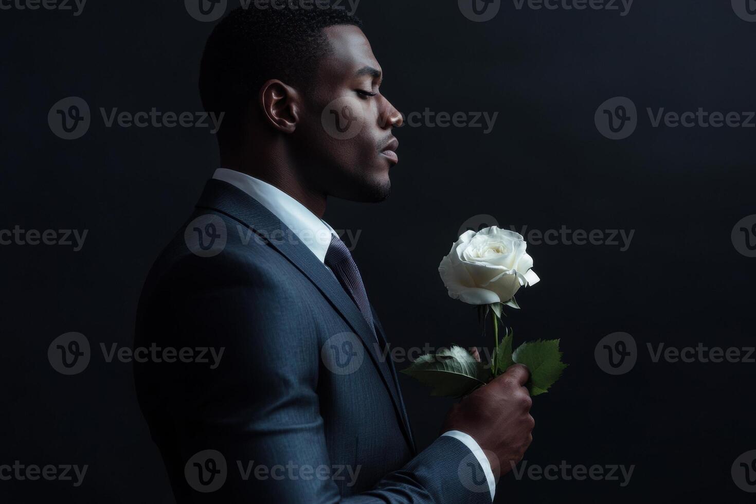 Elegant businessman holding white rose on dark background photo