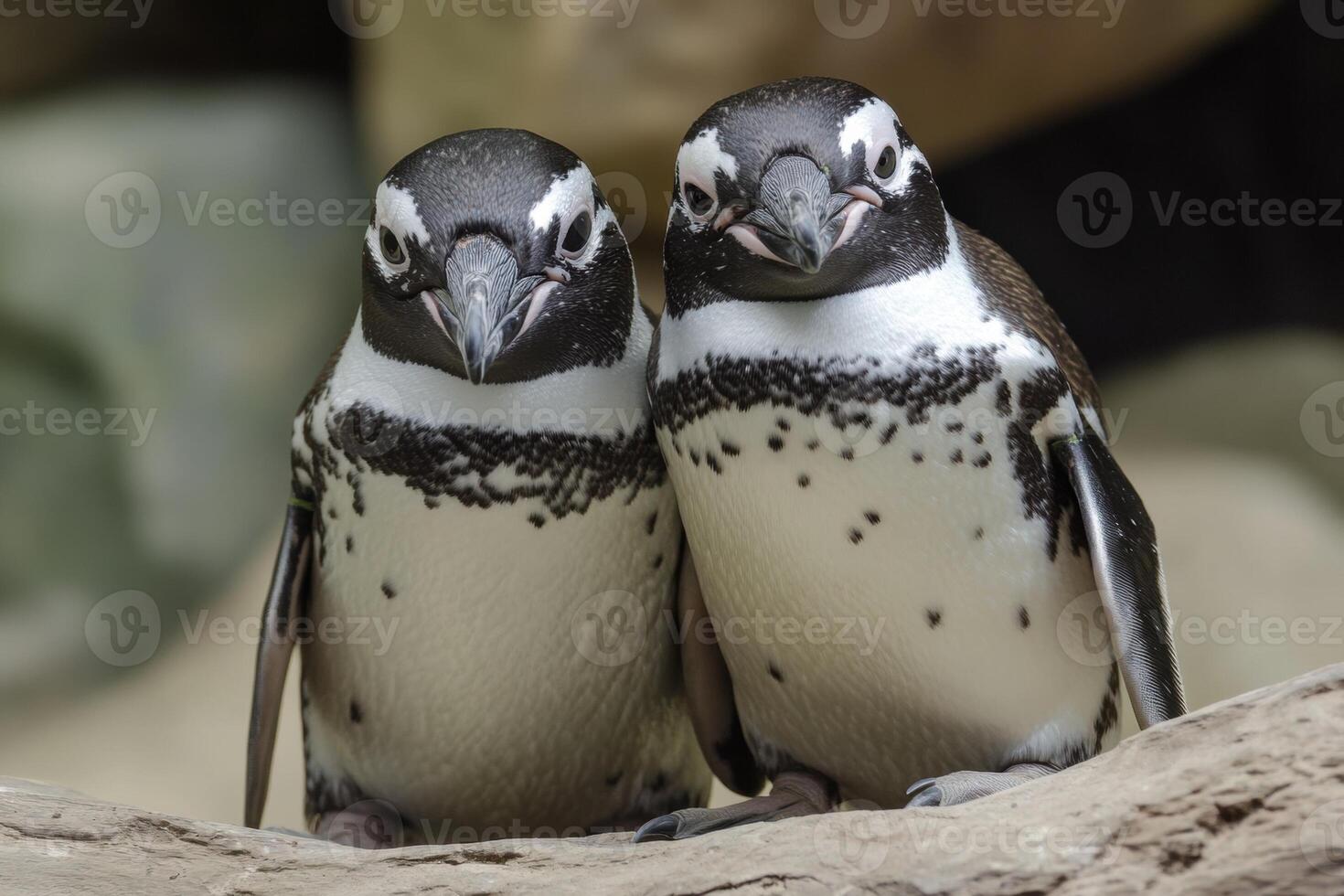 Two penguins standing together on a rock photo