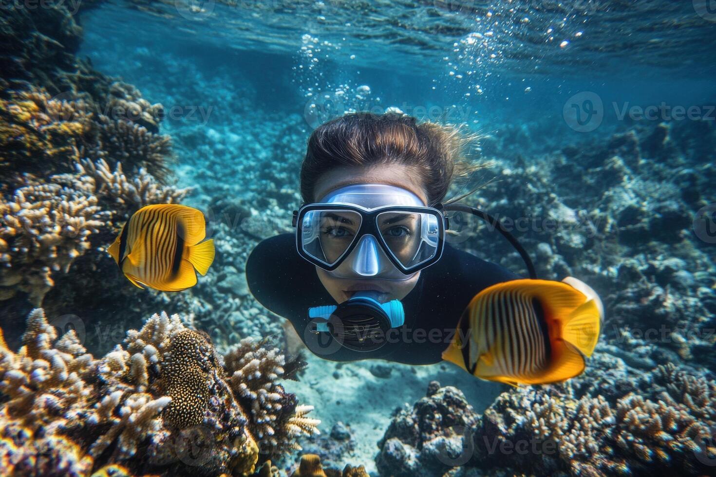 Young woman scuba diving exploring beautiful coral reef with tropical fish photo