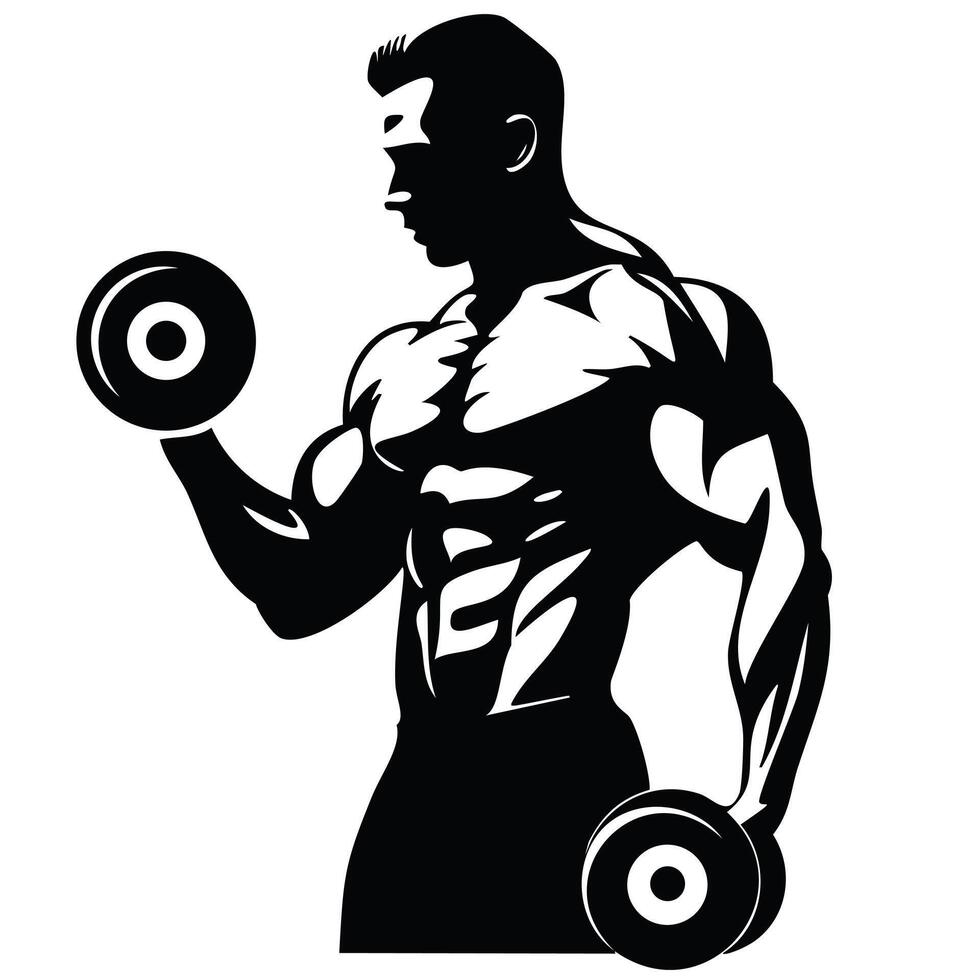 muscular silhouette of man lifting dumbbell, showcasing strength and fitness. image emphasizes physique and dedication to exercise vector