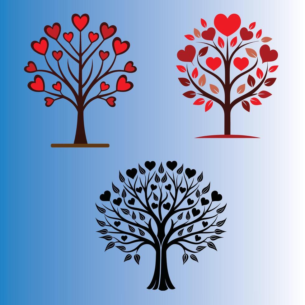 Get a stylized love tree illustration with red hearts ideal for romantic and nature themes. vector