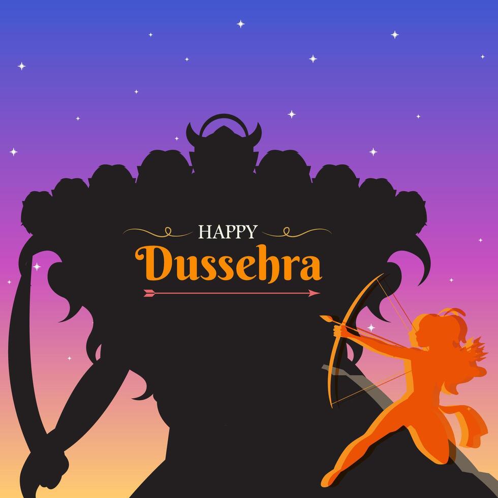 Happy Dussehra, Rama and Ravana silhouette poster, Indian festival banner, illustration vector