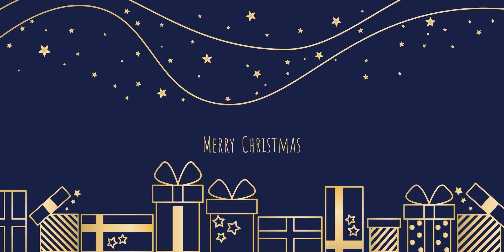 Horizontal holiday banner with golden gifts, stars and Merry Christmas text vector