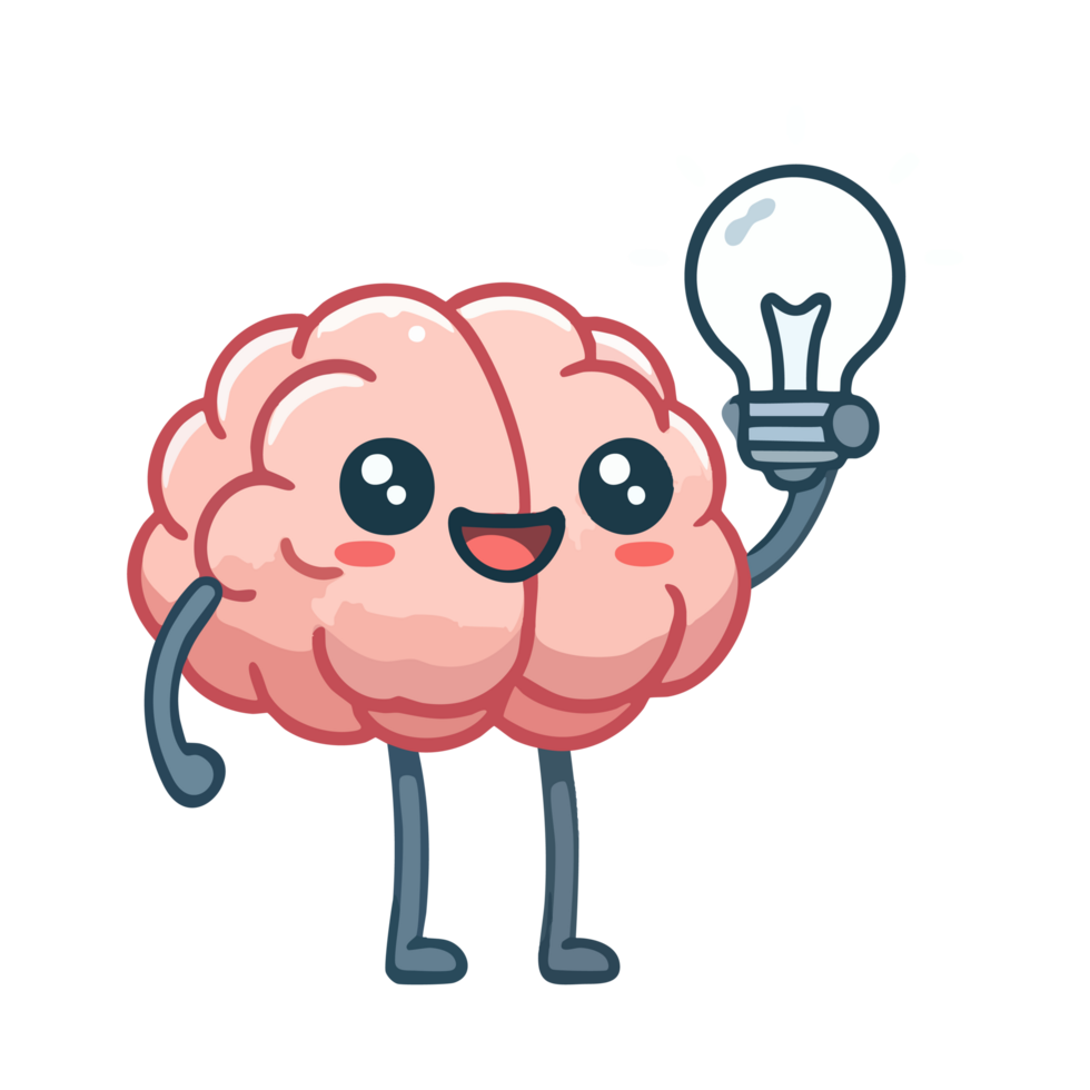 cute brain icon character and holding light bulb png