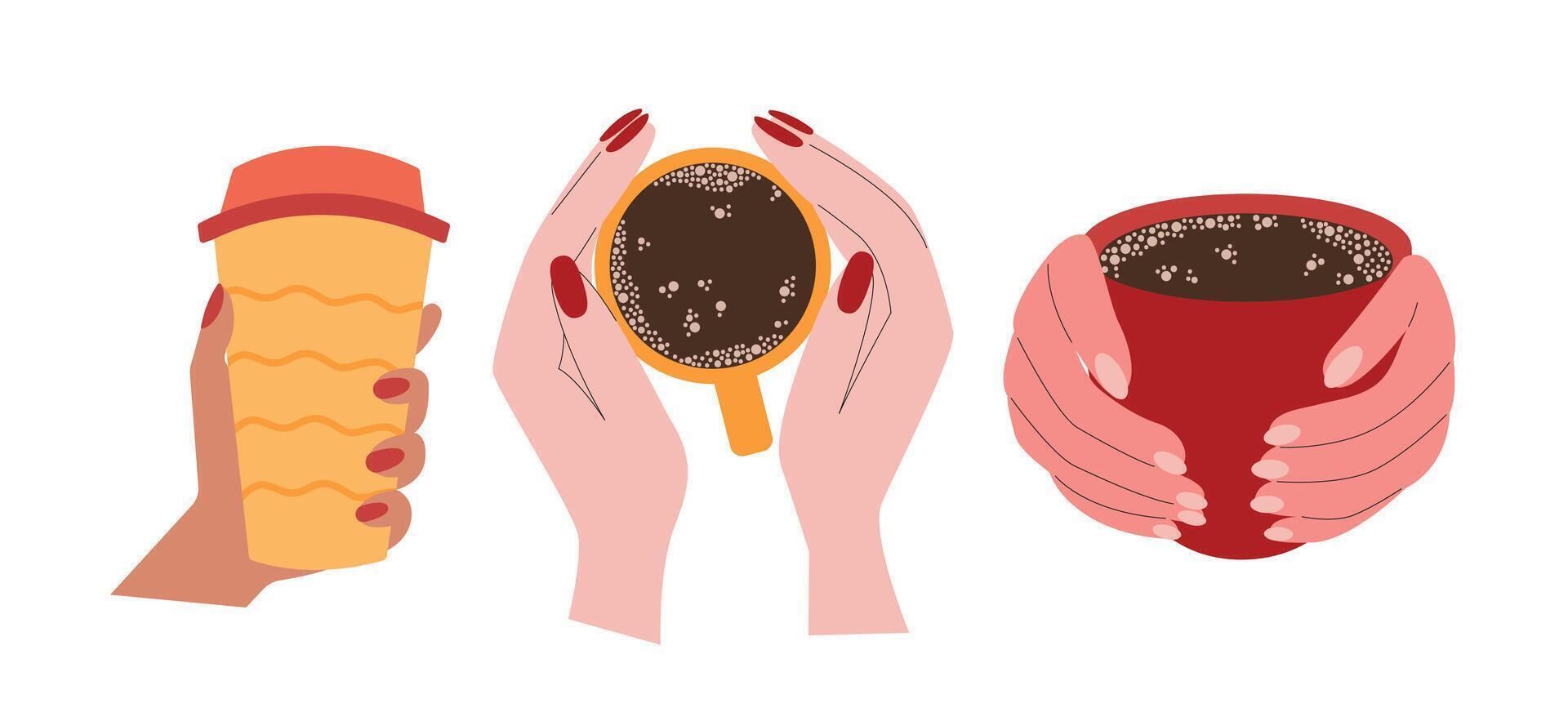 Coffee cups in hands flat set. Set of hot cups with coffee and tea in woman hands vector