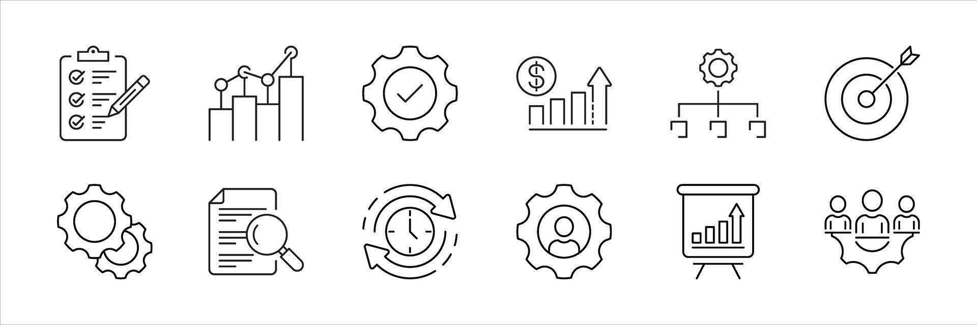 set of project management thin line icon. business, teamwork, analysis, planning, development, target, marketing, time management icon collections vector