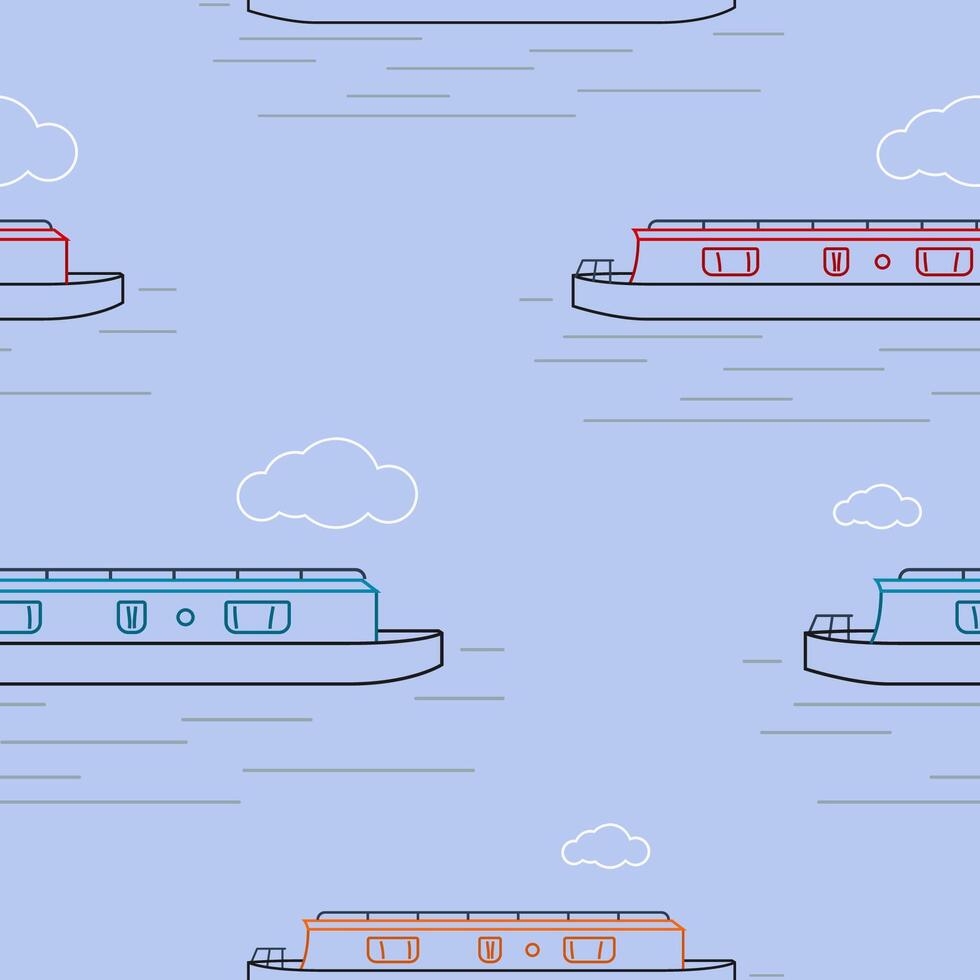 Editable Various Colors Side View Outlin Narrow Boat Vectorized Illustration with Clouds Seamless Pattern for Creating Background of Recreation Transportation of United Kingdom or Europe Related vector