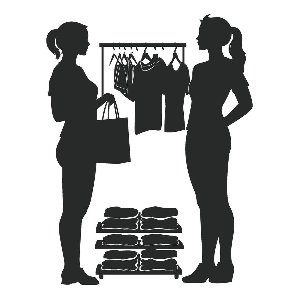 Silhouettes of two women in a clothing store vector