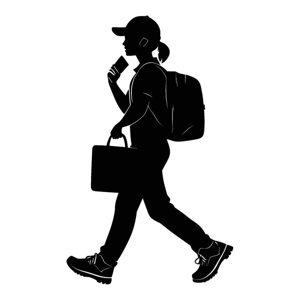 Silhouette of a woman walking with a bag and a cell phone vector