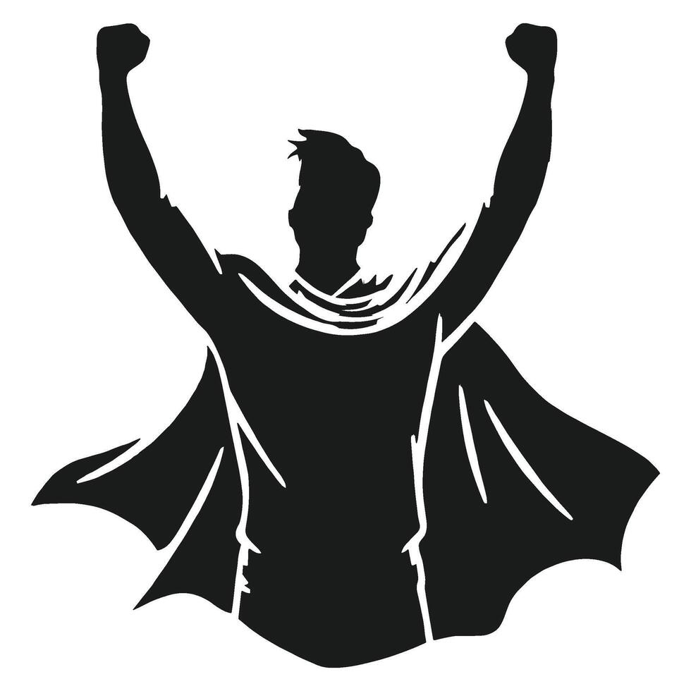 Silhouette of a superhero with cape and hands up vector