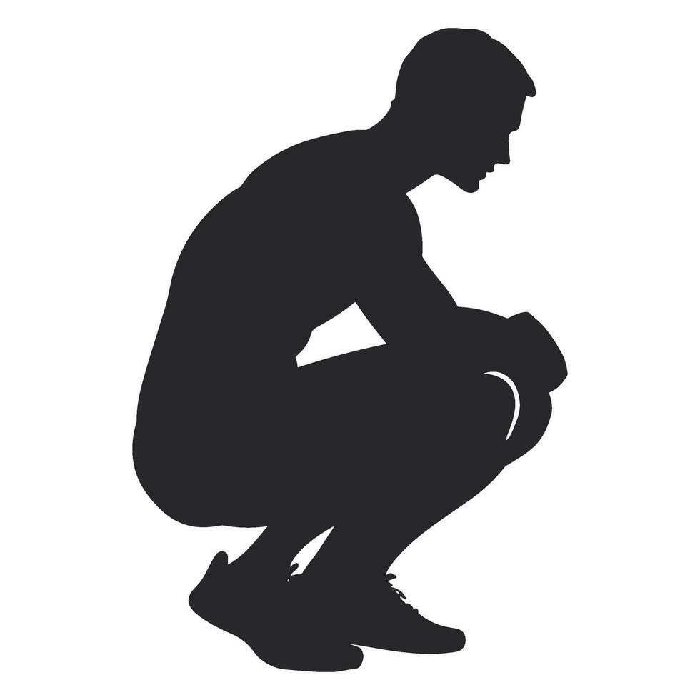 Silhouette of a man squatting down on a white background vector