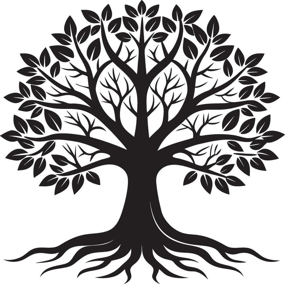 Lush Tree Silhouette with Radiating Branches and Rooted Symbolism vector