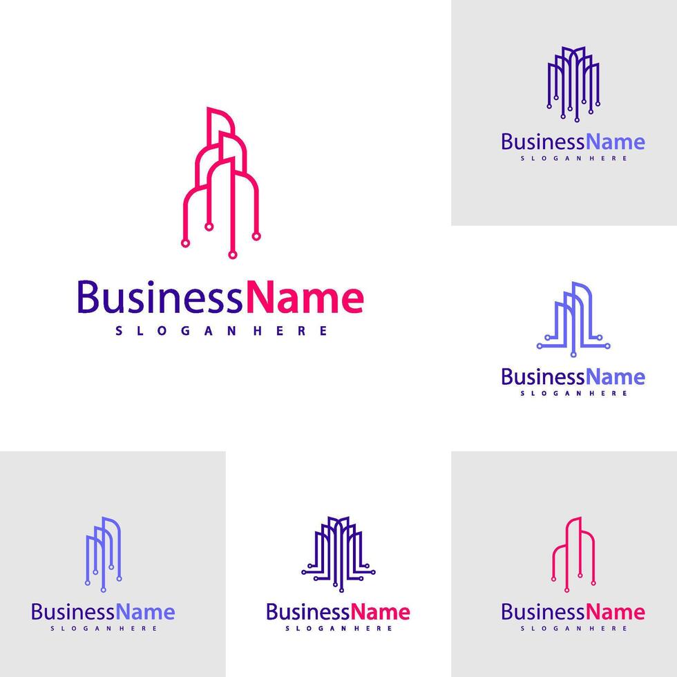 Set of Modern Tech City logo design illustration, Creative Tech Modern Building logo concepts vector