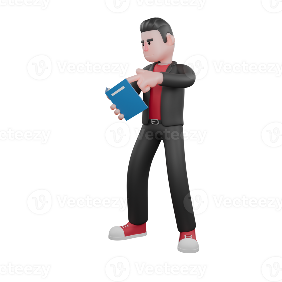 Dance Performer Character in 3D. a male choreographer stands facing right with his right hand holding a book and his left hand pointing to the book. Choreographer Design png