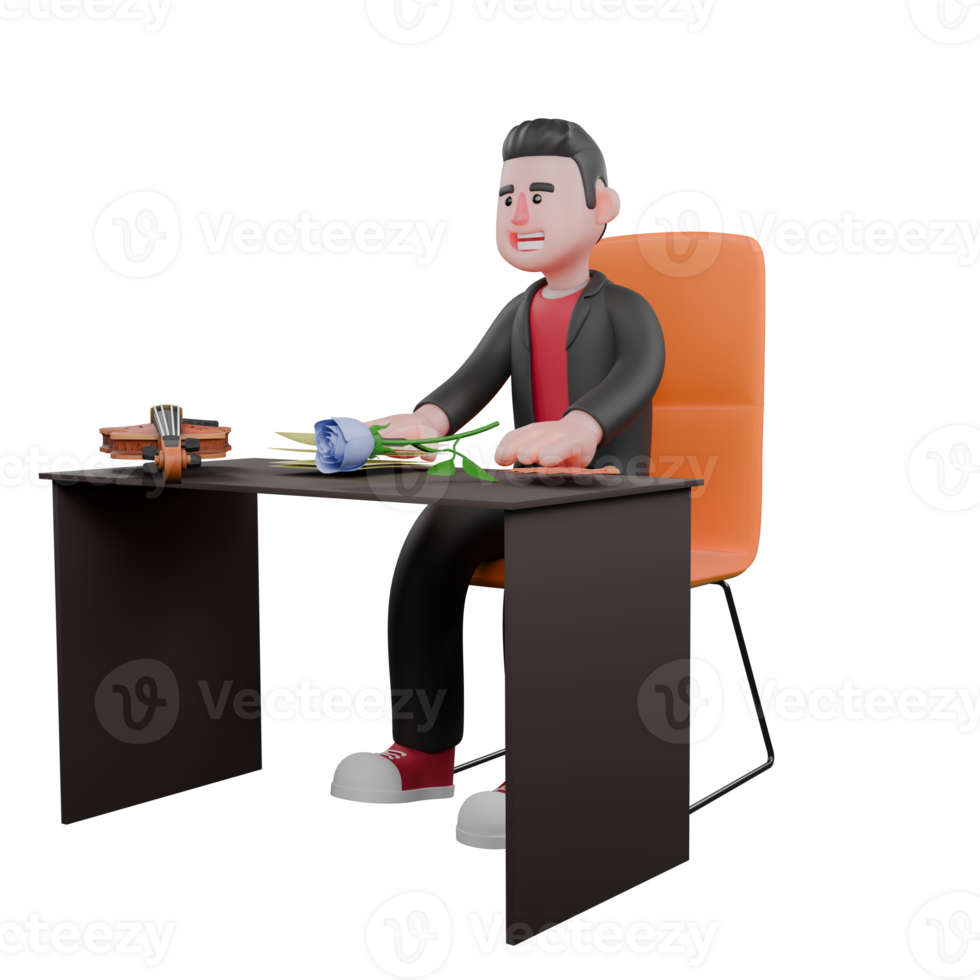 Dance Choreographer Character. A male choreographer sits on a chair with his hands on the table while holding flowers. 3D Model png