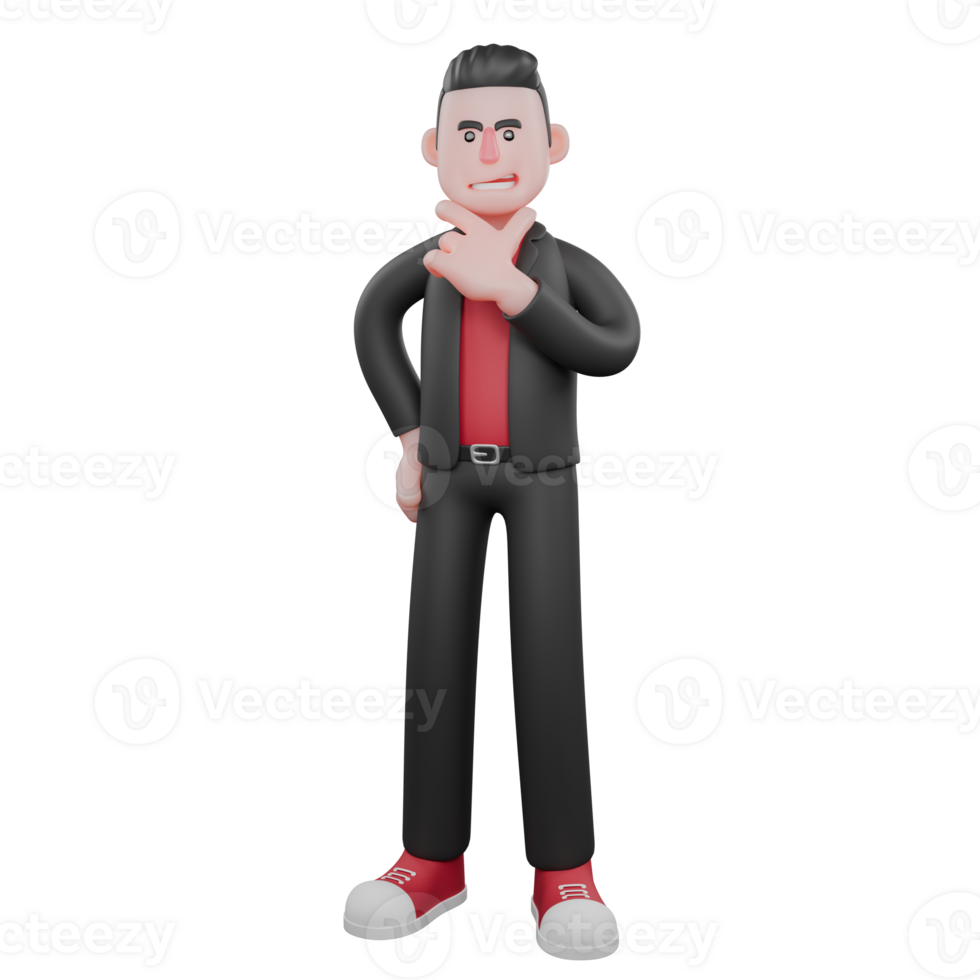 3D Choreographer Cartoon Performer. A male choreographer stands with his right hand on his waist and his left hand on his chin, with a thoughtful expression. Dance Artist png