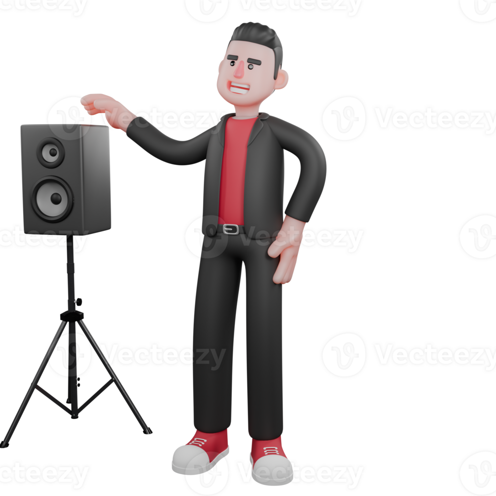 3D Choreographer Dance Star. A male choreographer stands beside a loudspeaker with his hands raised as if to hold the loudspeaker. Animated Performer png