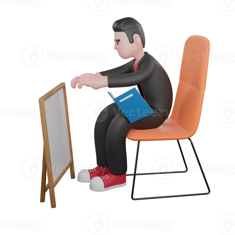 3D Choreographer Dance Performer. a male choreographer sits on a chair with both hands wanting to take a blackboard and in his lap has a book. Cartoon Character png
