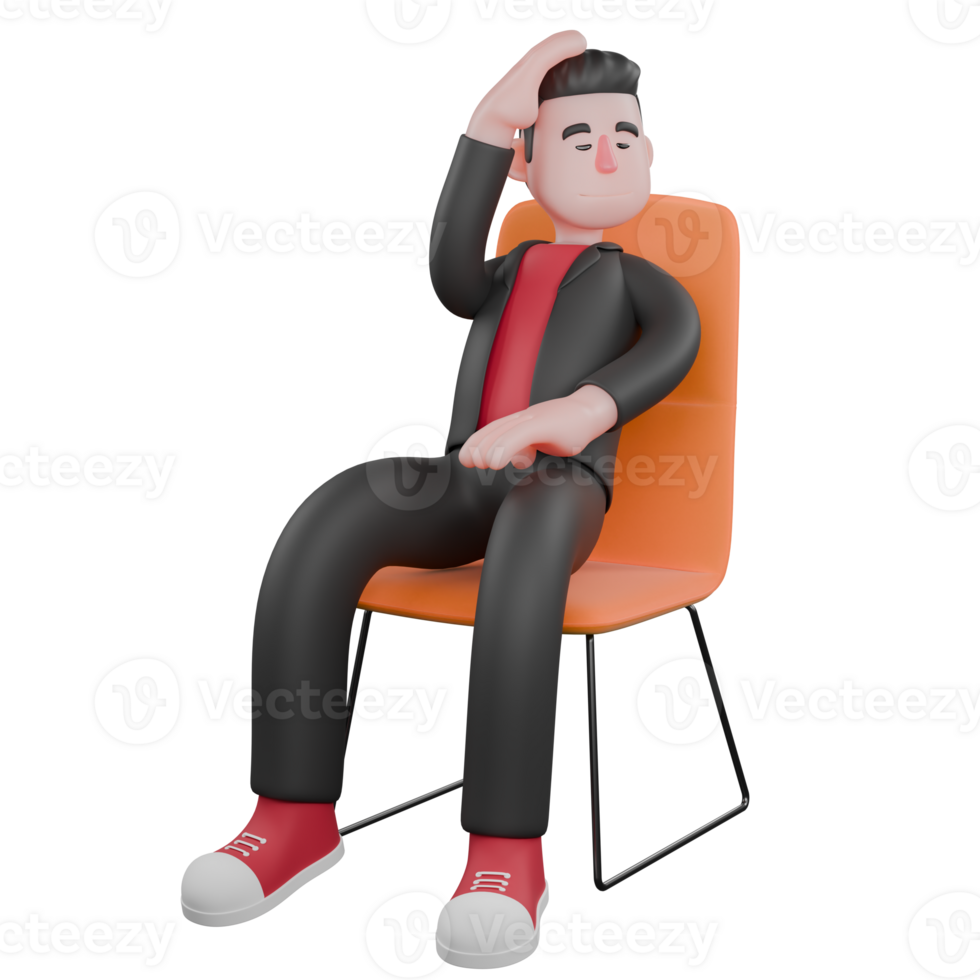 Dance Artist Cartoon in 3D. A male choreographer sits on a chair with one hand holding his head, the other on his knee with a sad expression. Choreographer Character png