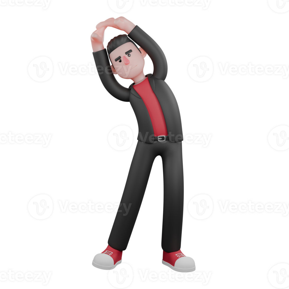 Dance Performer 3D Model. A male choreographer stands while stretching his body, hands above his head with a relaxed expression. Choreographer Character png